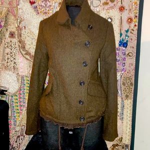 Bomber style wool blend lined 5 button jacket with pull string closure